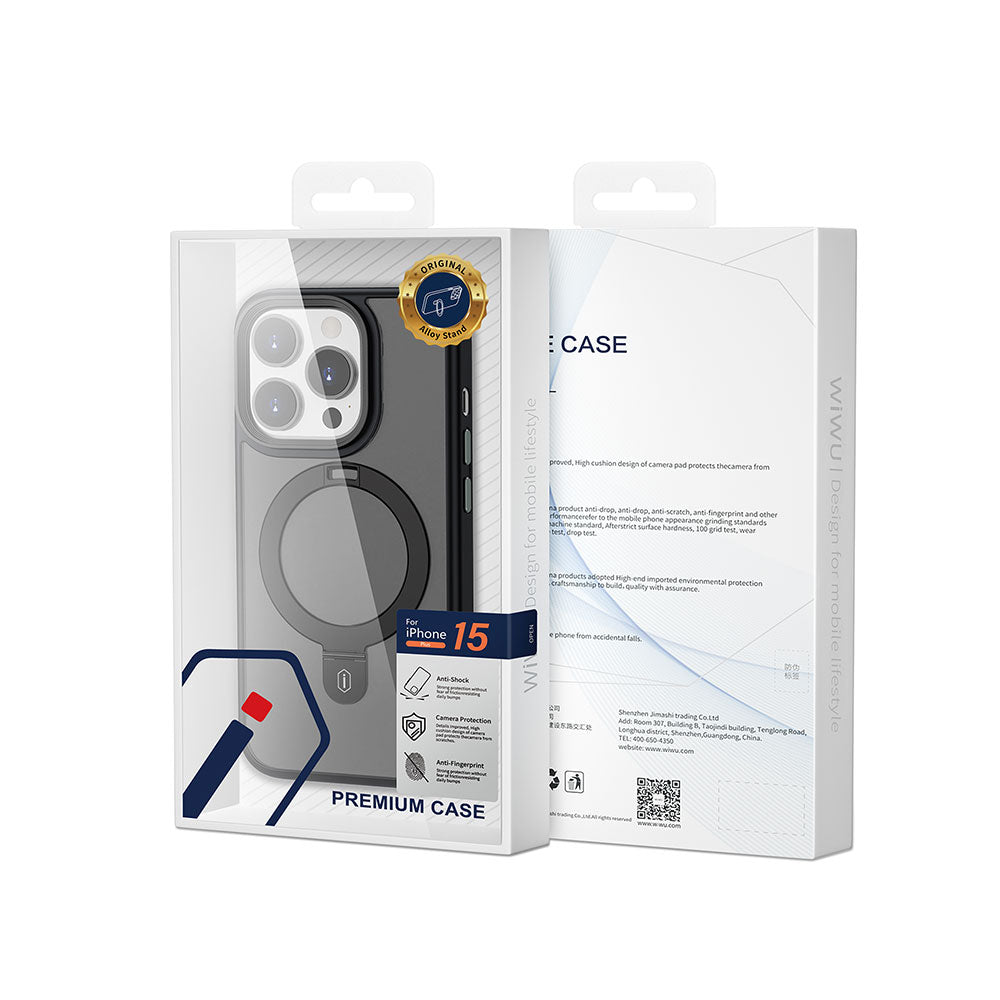 Apple iPhone 15 Pro Max Kılıf Wiwu ZMM-010 M-safe Şarj Özellikli Mat Arka Yüzey Standlı Kapak Siyah