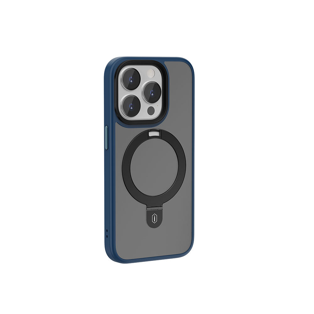 Apple iPhone 15 Pro Max Kılıf Wiwu ZMM-010 M-safe Şarj Özellikli Mat Arka Yüzey Standlı Kapak Mavi
