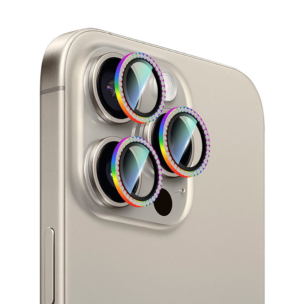 Apple iPhone 15 Pro Max CaseWorld Alloy Sparkling Diamond Serisi Taşlı Lens Koruyucu Colorful