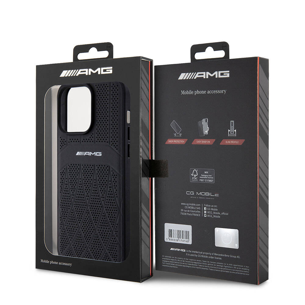 Apple iPhone 15 Pro Max Kılıf AMG Orjinal Lisanslı M-safe Şarj Özellikli Delikli Deri Kıvrımlı Çizgili Kapak Siyah