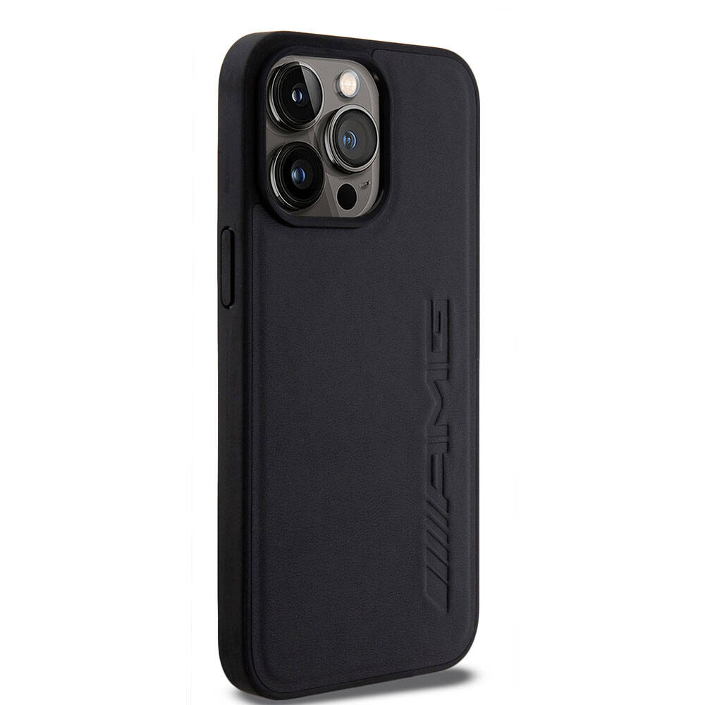 Apple iPhone 15 Pro Max Kılıf AMG Orjinal Lisanslı M-safe Şarj Özellikli Deri Sıcak Damgalı Kapak Siyah