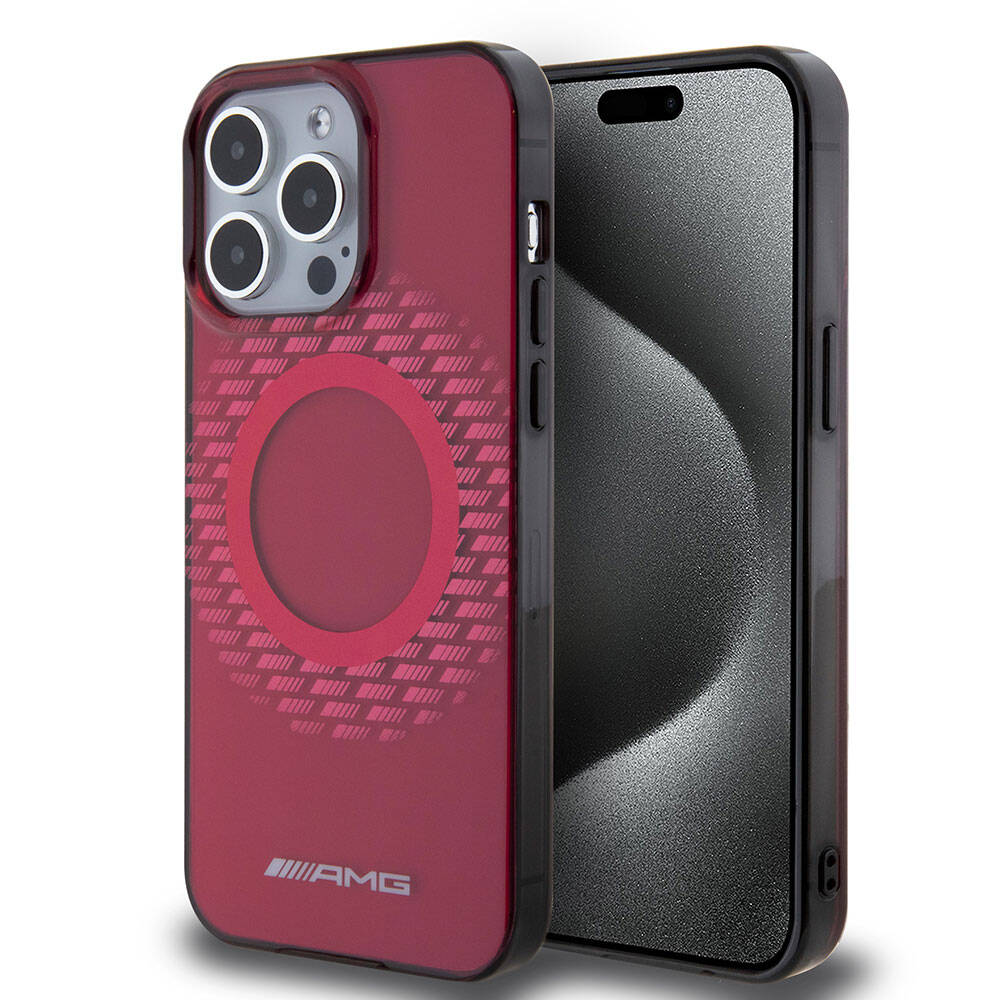 Apple iPhone 15 Pro Max Kılıf AMG Orjinal Lisanslı M-safe Şarj Özellikli Eşkenar Dörtgen Desenli Transparan Kapak Kırmızı