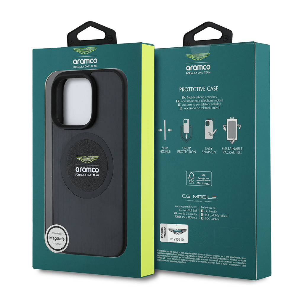 Apple iPhone 15 Pro Max Kılıf Aston Martin Orjinal Lisanslı M-safe Şarj Özellikli Aluminyum Arka Yüzeyli Formula One Team Baskılı Kapak Siyah