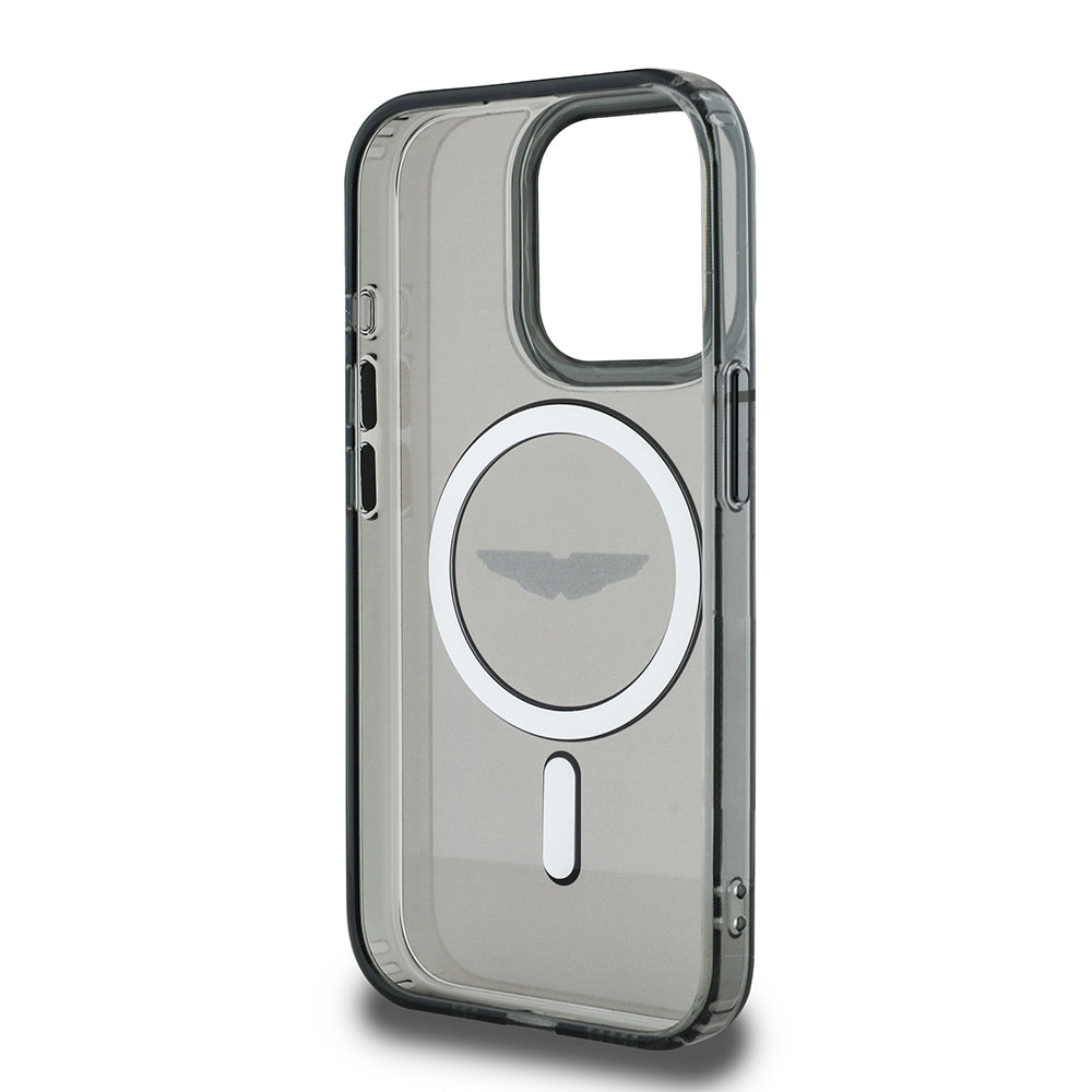 Apple iPhone 15 Pro Max Kılıf Aston Martin Orjinal Lisanslı M-safe Şarj Özellikli IML Baskı Logolu Metal Düğmeli Kapak Siyah