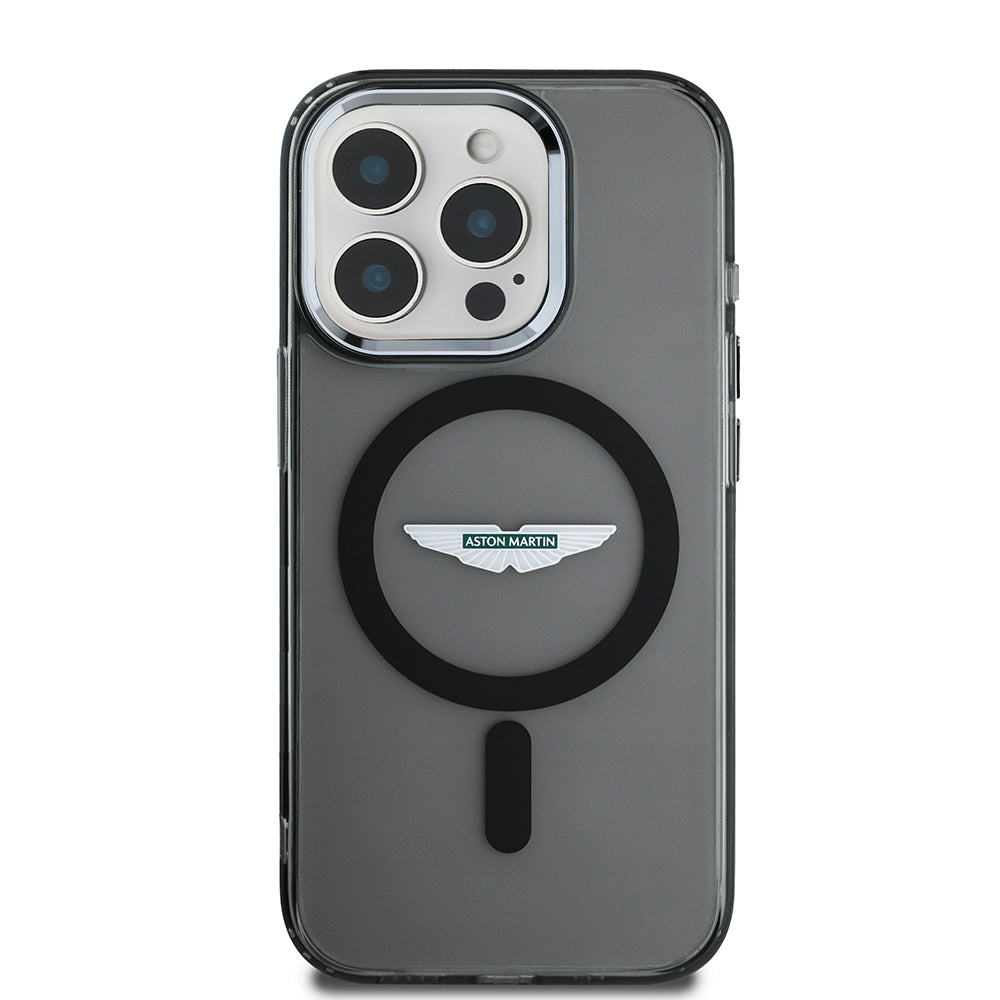 Apple iPhone 15 Pro Max Kılıf Aston Martin Orjinal Lisanslı M-safe Şarj Özellikli IML Baskı Logolu Metal Düğmeli Kapak Siyah