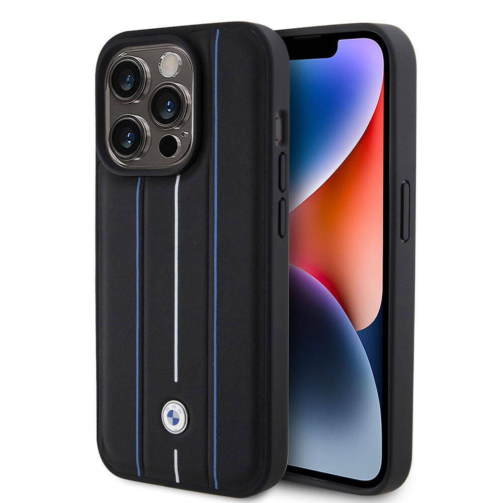 Apple iPhone 15 Pro Max Kılıf BMW Deri Görünümlü Blue Lines Orjinal Lisanslı Kapak Siyah