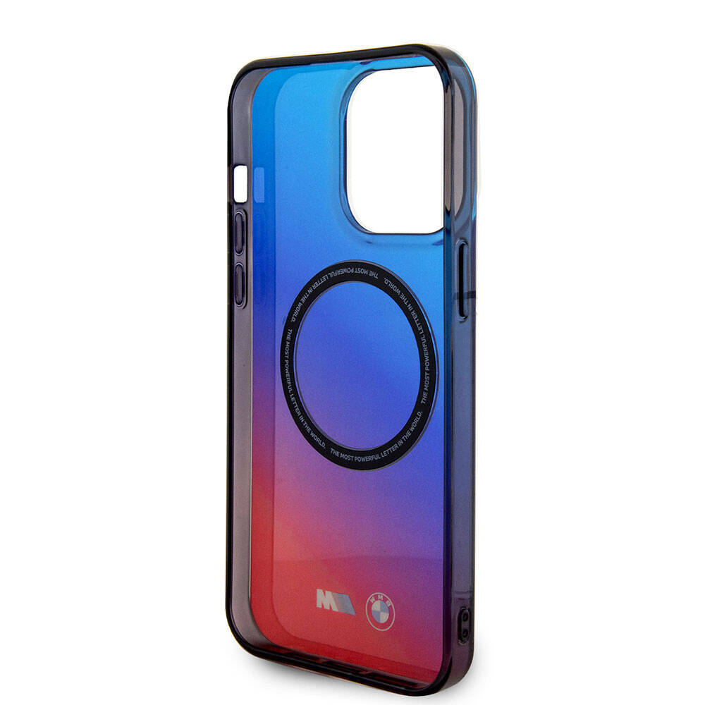 Apple iPhone 15 Pro Max Kılıf BMW M-safe Şarj Özellikli Transparan Renk Geçişli Dizayn Orjinal Lisanslı Kapak Mavi-Kırmızı