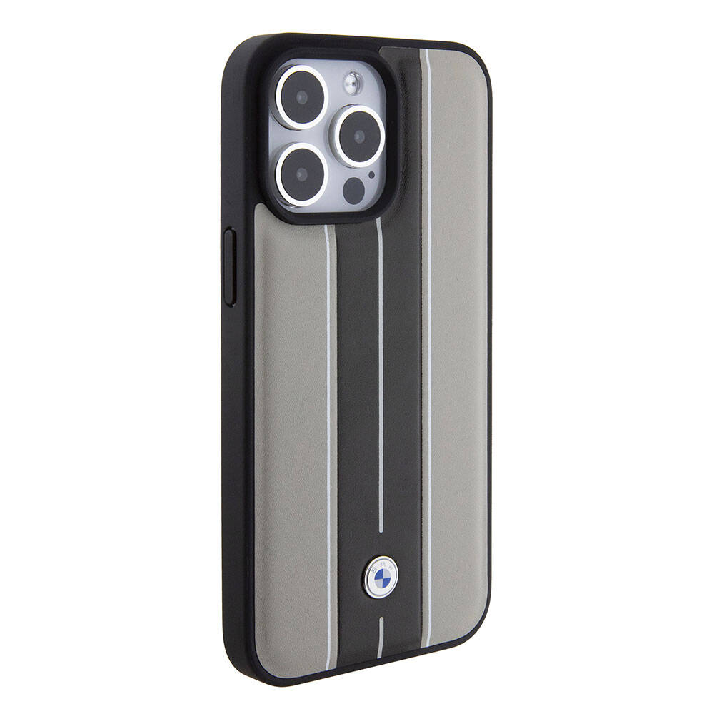 Apple iPhone 15 Pro Max Kılıf BMW Orjinal Lisanslı Deri Arka Yüzey Metal Logolu Çift Şerit Tasarımlı Kapak Krem