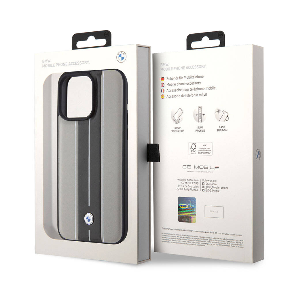 Apple iPhone 15 Pro Max Kılıf BMW Orjinal Lisanslı Deri Arka Yüzey Metal Logolu Çift Şerit Tasarımlı Kapak Krem