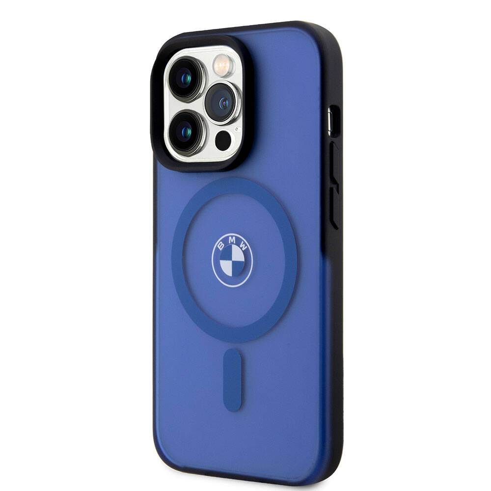 Apple iPhone 15 Pro Max Kılıf BMW Orjinal Lisanslı M-safe Şarj Özellikli IML Baskı Logolu Buzlu Mat Kapak Mavi