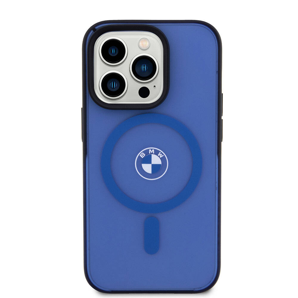 Apple iPhone 15 Pro Max Kılıf BMW Orjinal Lisanslı M-safe Şarj Özellikli IML Baskı Logolu Buzlu Mat Kapak Mavi