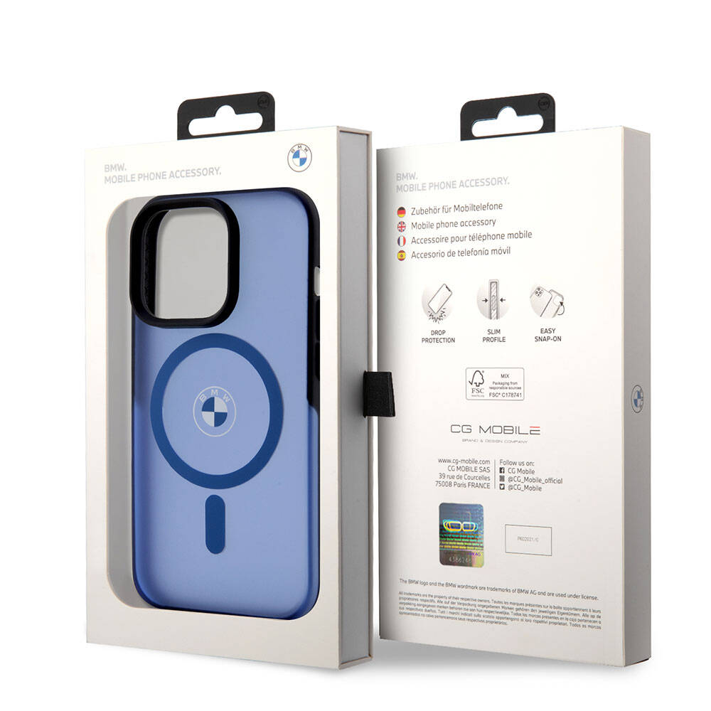 Apple iPhone 15 Pro Max Kılıf BMW Orjinal Lisanslı M-safe Şarj Özellikli IML Baskı Logolu Buzlu Mat Kapak Mavi