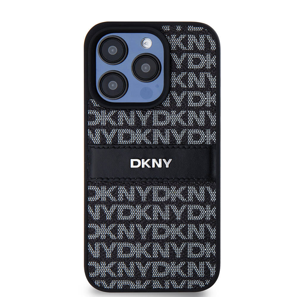 Apple iPhone 15 Pro Max Kılıf DKNY Orjinal Lisanslı 3D Yazılı Repeat Texture Pattern Kapak Siyah