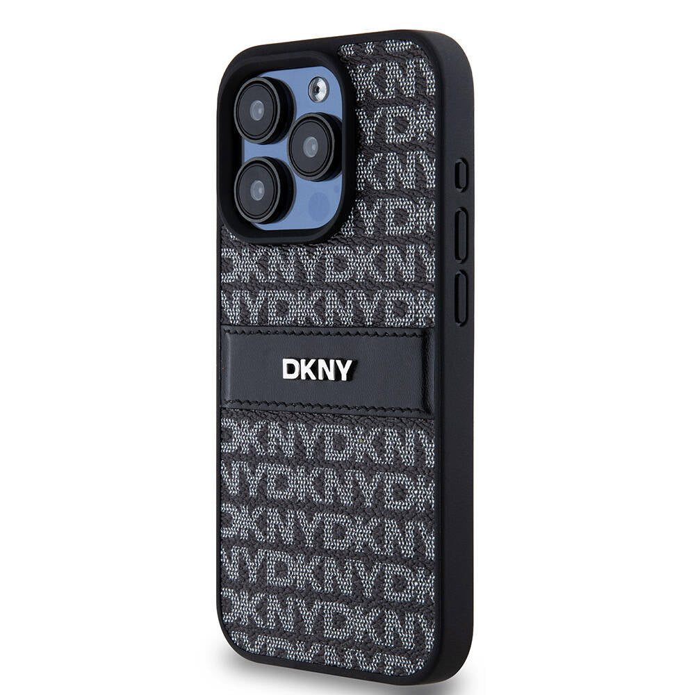 Apple iPhone 15 Pro Max Kılıf DKNY Orjinal Lisanslı 3D Yazılı Repeat Texture Pattern Kapak Siyah