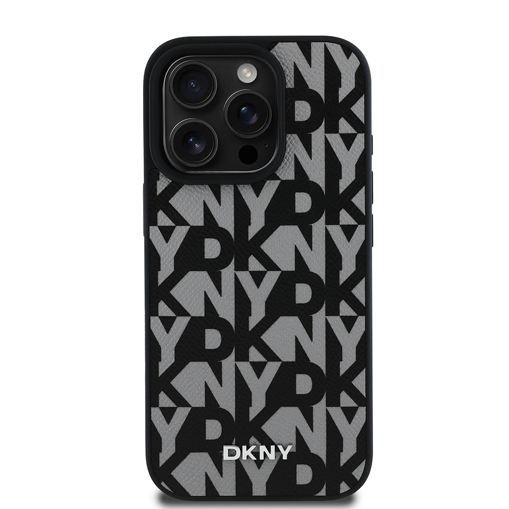 Apple iPhone 15 Pro Max Kılıf DKNY Orjinal Lisanslı M-safe Şarj Özellikli 3D Yazılı Grid Pattern Kapak Gri