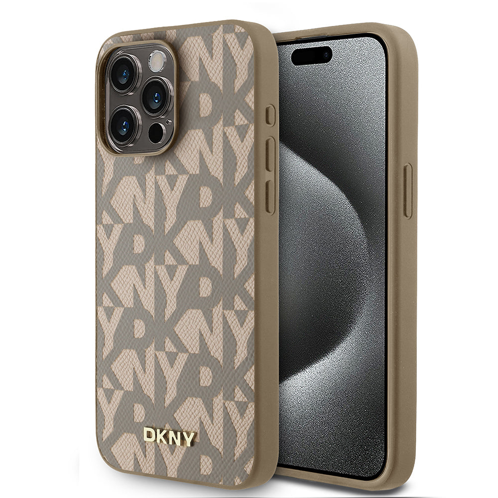 Apple iPhone 15 Pro Max Kılıf DKNY Orjinal Lisanslı M-safe Şarj Özellikli 3D Yazılı Grid Pattern Kapak Kahverengi