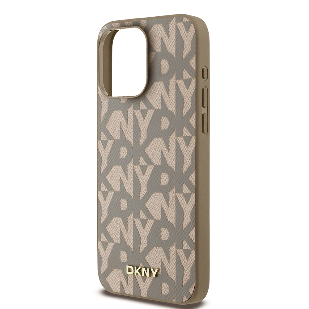 Apple iPhone 15 Pro Max Kılıf DKNY Orjinal Lisanslı M-safe Şarj Özellikli 3D Yazılı Grid Pattern Kapak Gri