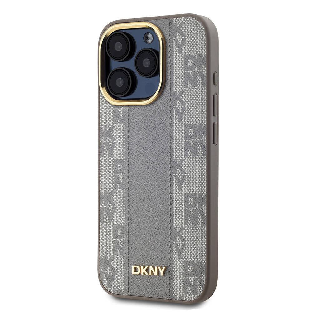 Apple iPhone 15 Pro Max Kılıf DKNY Orjinal Lisanslı M-safe Şarj Özellikli 3D Yazılı Checkered Pattern Kapak Krem
