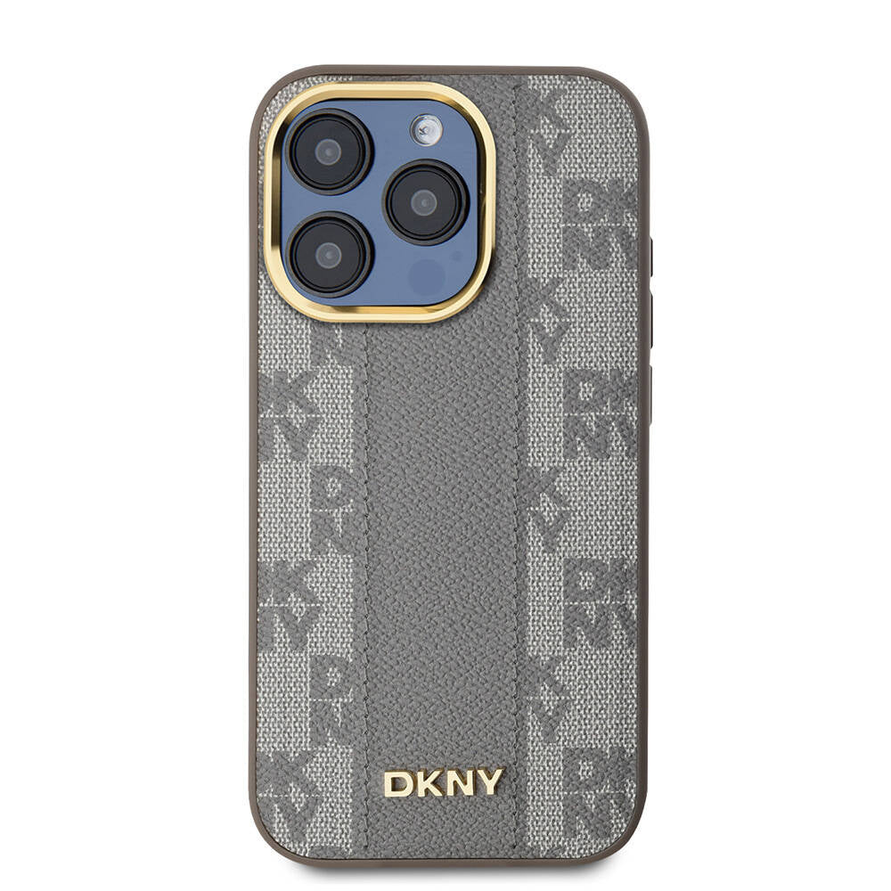 Apple iPhone 15 Pro Max Kılıf DKNY Orjinal Lisanslı M-safe Şarj Özellikli 3D Yazılı Checkered Pattern Kapak Krem