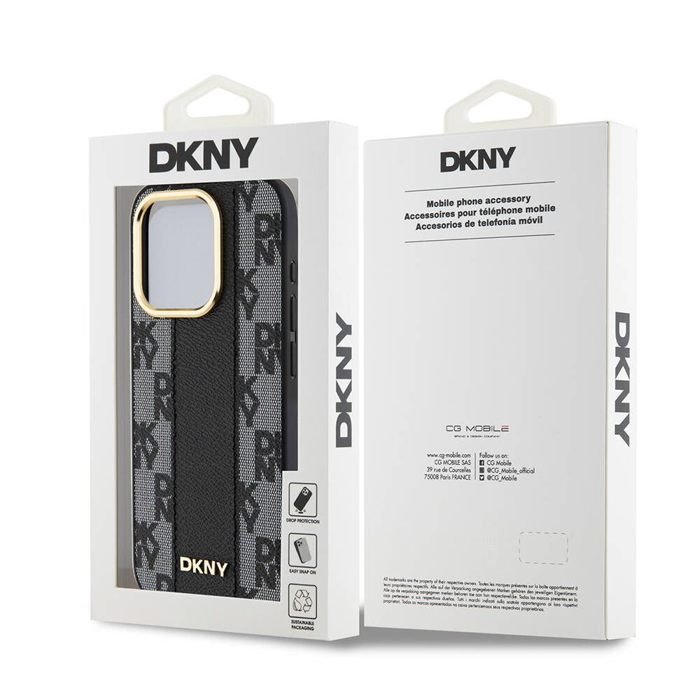 Apple iPhone 15 Pro Max Kılıf DKNY Orjinal Lisanslı M-safe Şarj Özellikli 3D Yazılı Checkered Pattern Kapak Krem
