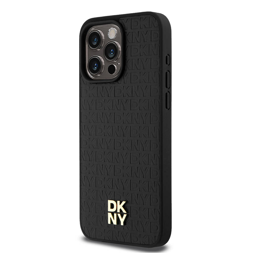 Apple iPhone 15 Pro Max Kılıf DKNY Orjinal Lisanslı M-safe Şarj Özellikli 3D Yazılı Repeat Pattern Kapak Siyah