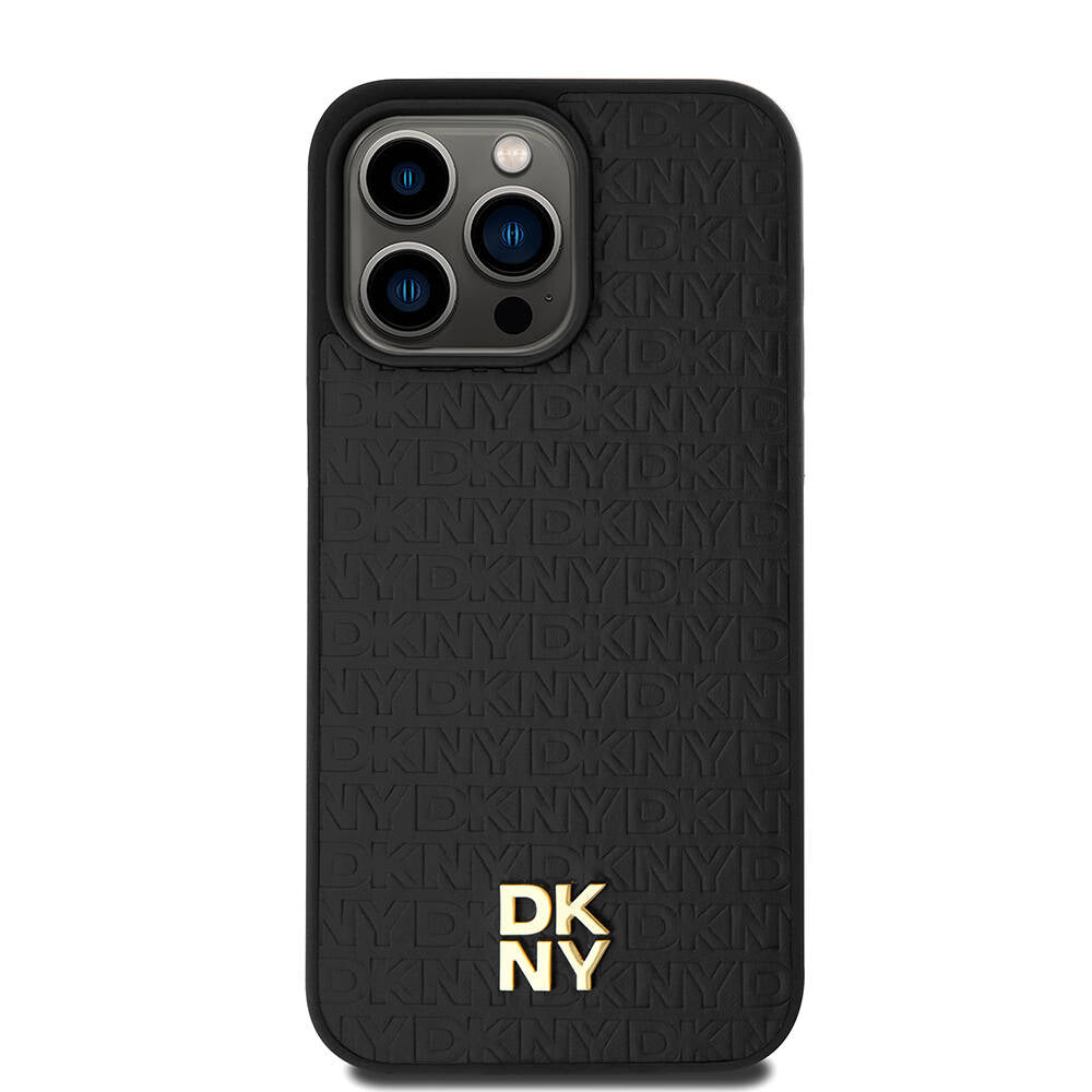 Apple iPhone 15 Pro Max Kılıf DKNY Orjinal Lisanslı M-safe Şarj Özellikli 3D Yazılı Repeat Pattern Kapak Siyah