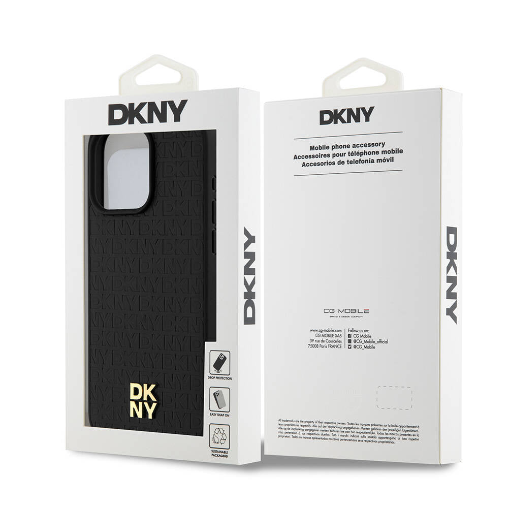 Apple iPhone 15 Pro Max Kılıf DKNY Orjinal Lisanslı M-safe Şarj Özellikli 3D Yazılı Repeat Pattern Kapak Siyah