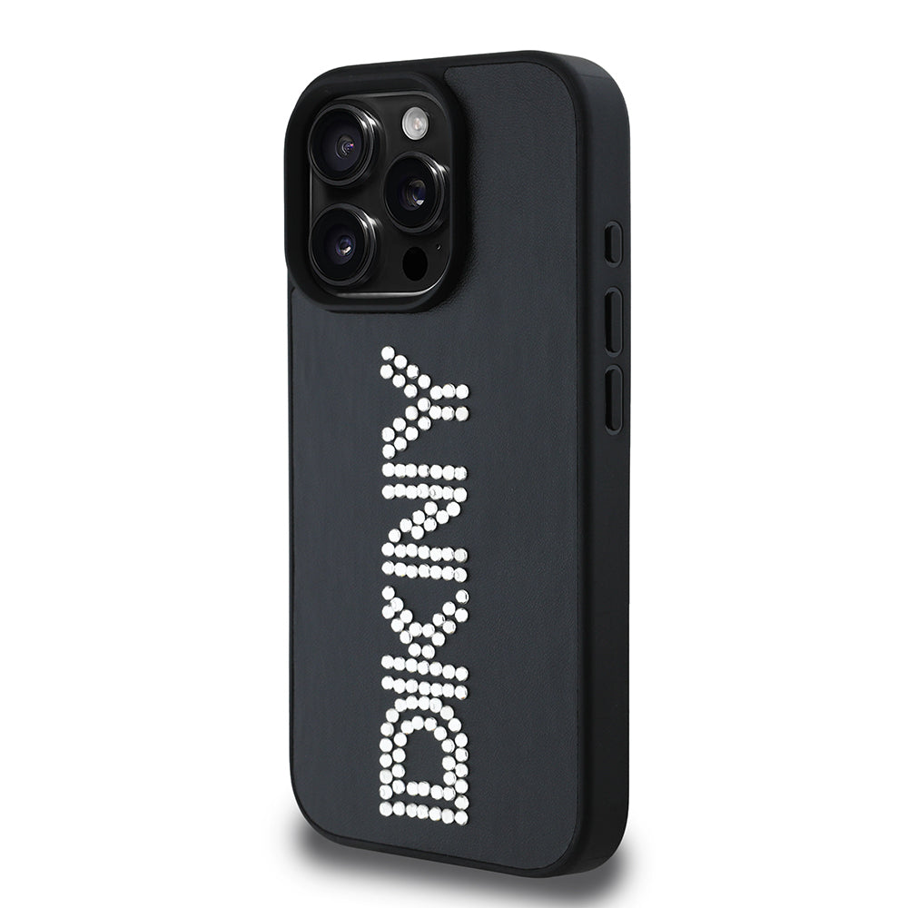 Apple iPhone 15 Pro Max Kılıf DKNY Orjinal Lisanslı Taşlı DKNY Yazılı Metalik Rhinestones PU Deri Kapak Kahverengi