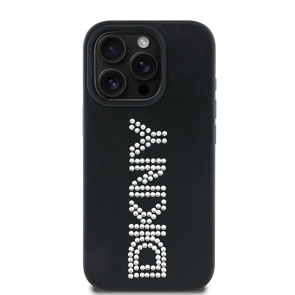 Apple iPhone 15 Pro Max Kılıf DKNY Orjinal Lisanslı Taşlı DKNY Yazılı Metalik Rhinestones PU Deri Kapak Siyah