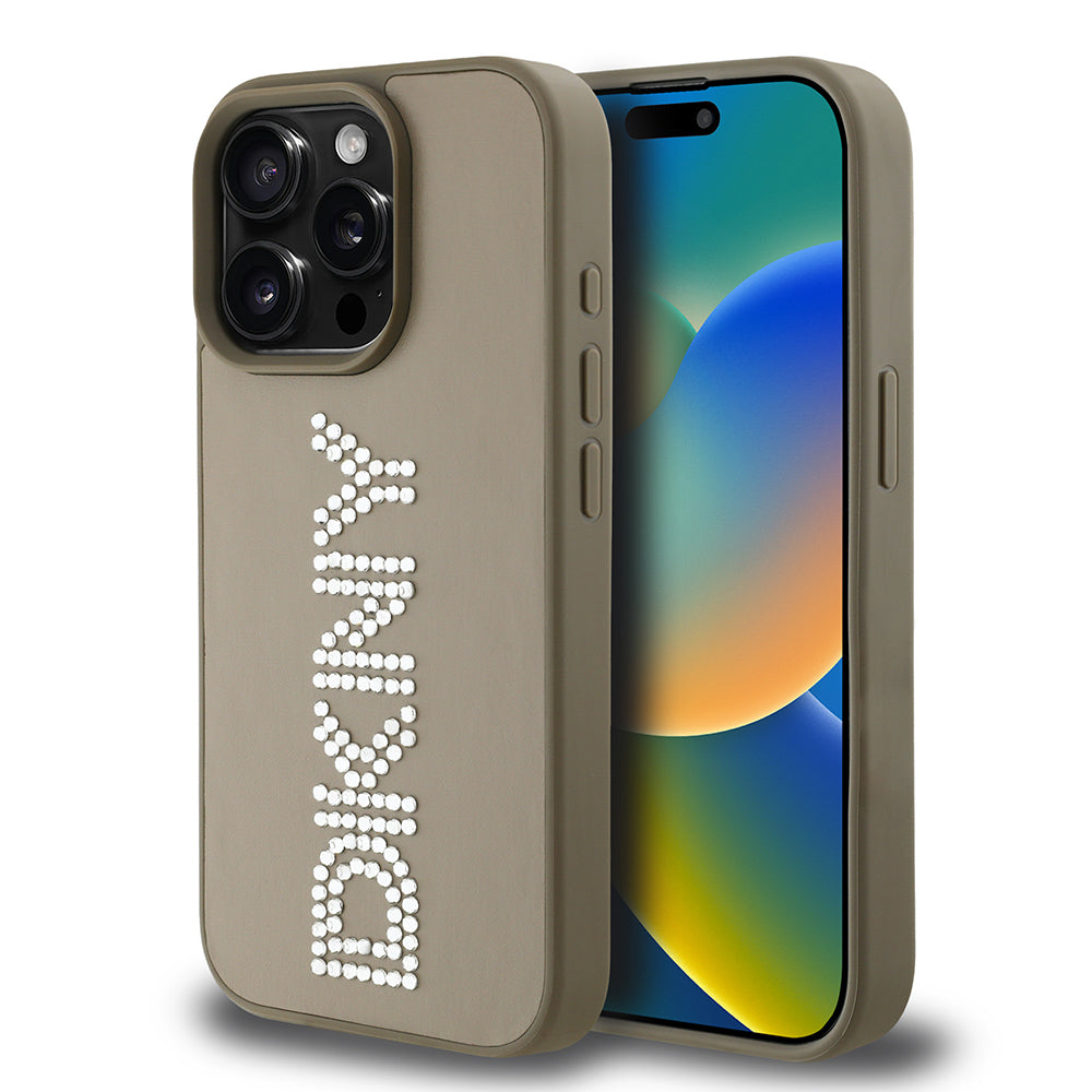Apple iPhone 15 Pro Max Kılıf DKNY Orjinal Lisanslı Taşlı DKNY Yazılı Metalik Rhinestones PU Deri Kapak Siyah