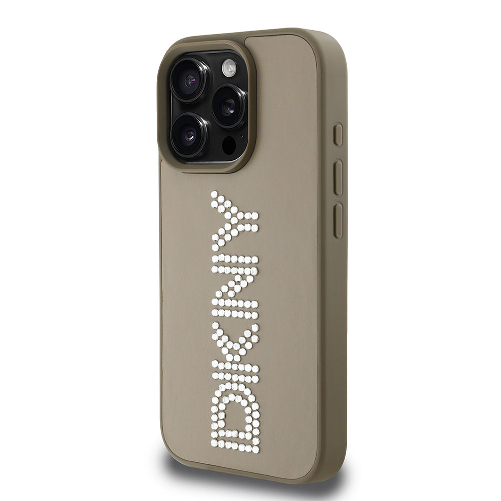 Apple iPhone 15 Pro Max Kılıf DKNY Orjinal Lisanslı Taşlı DKNY Yazılı Metalik Rhinestones PU Deri Kapak Siyah