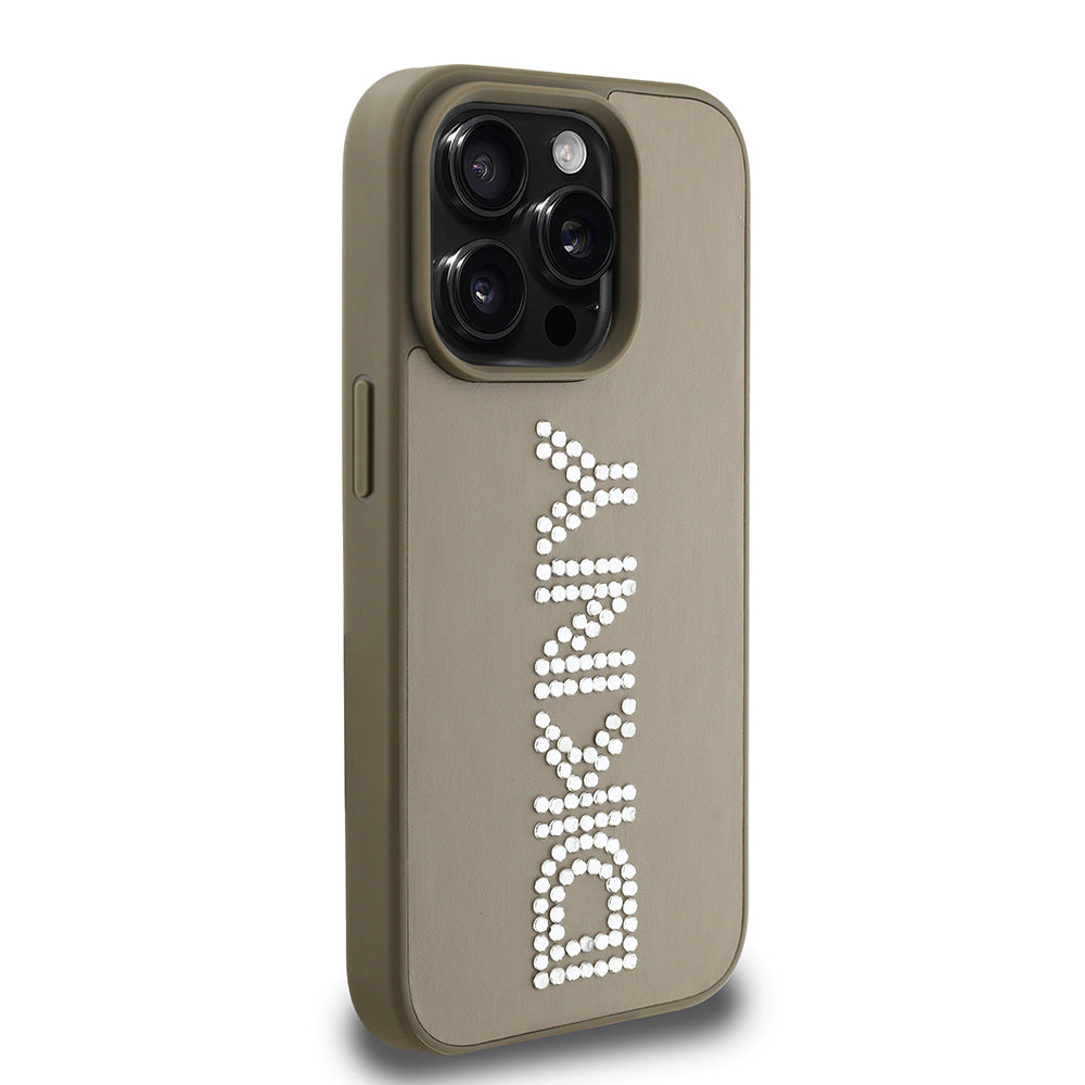Apple iPhone 15 Pro Max Kılıf DKNY Orjinal Lisanslı Taşlı DKNY Yazılı Metalik Rhinestones PU Deri Kapak Siyah