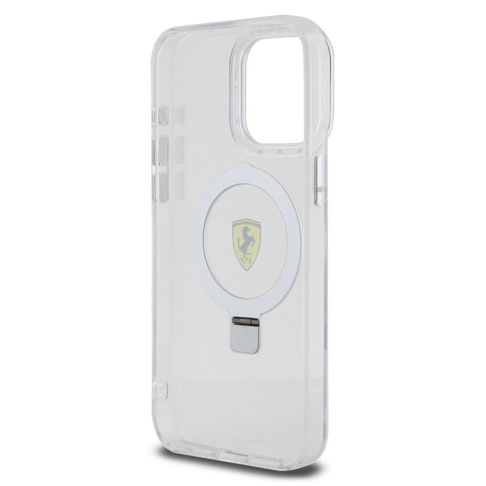 Apple iPhone 15 Pro Max Kılıf Ferrari M-safe Şarj Özellikli Standlı Buzlu Yüzey Dizayn Kapak Transparan Siyah