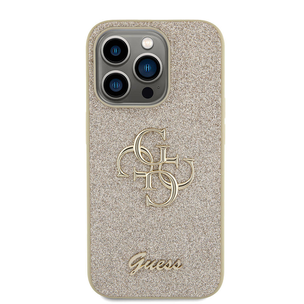 Apple iPhone 15 Pro Max Kılıf Guess Orjinal Lisanslı 4G Büyük Metal Logolu Glitter Kapak Gold