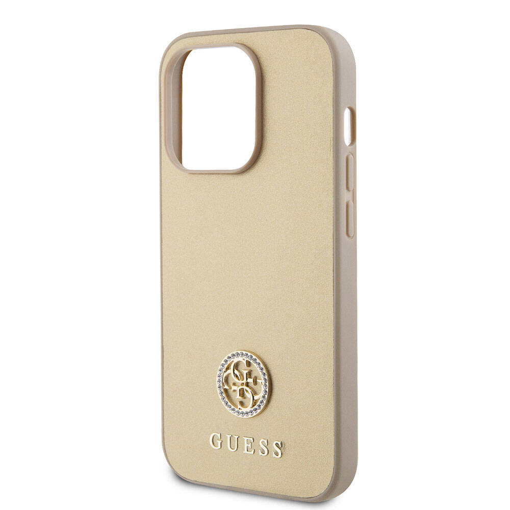 Apple iPhone 15 Pro Max Kılıf Guess Orjinal Lisanslı Deri 4G Metal Logo Strass Kapak Gold