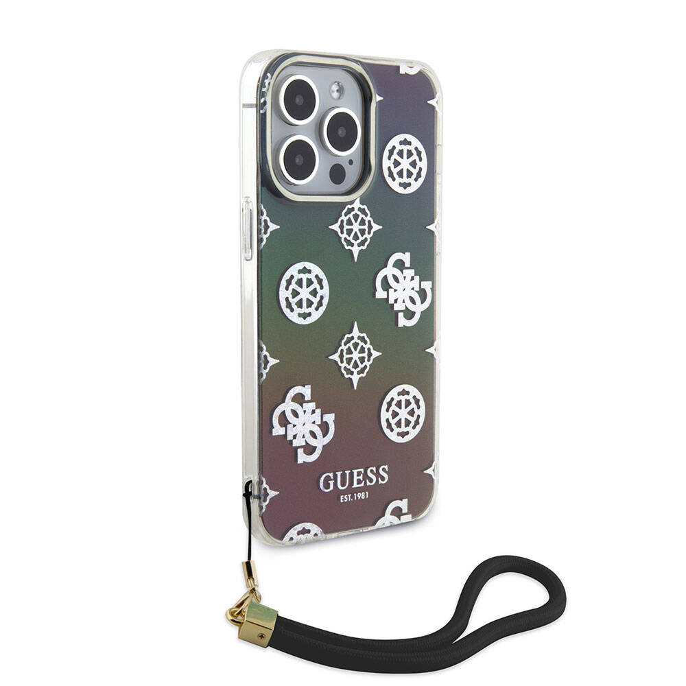 Apple iPhone 15 Pro Max Kılıf Guess Orjinal Lisanslı Desenli Yazı Logolu Askı İpli Holografik Glitter Peony Kapak Pembe