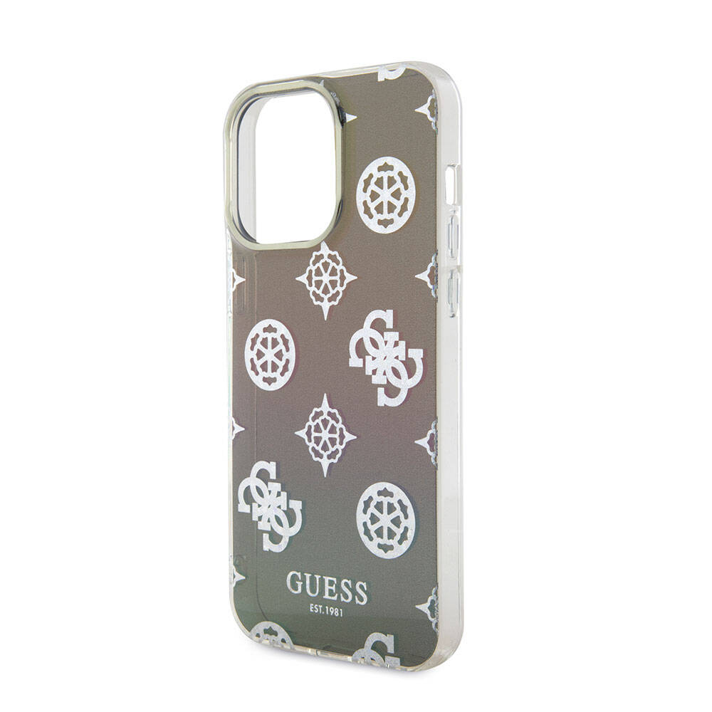 Apple iPhone 15 Pro Max Kılıf Guess Orjinal Lisanslı Desenli Yazı Logolu Askı İpli Holografik Glitter Peony Kapak Siyah