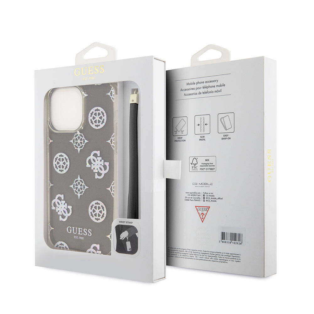 Apple iPhone 15 Pro Max Kılıf Guess Orjinal Lisanslı Desenli Yazı Logolu Askı İpli Holografik Glitter Peony Kapak Mor