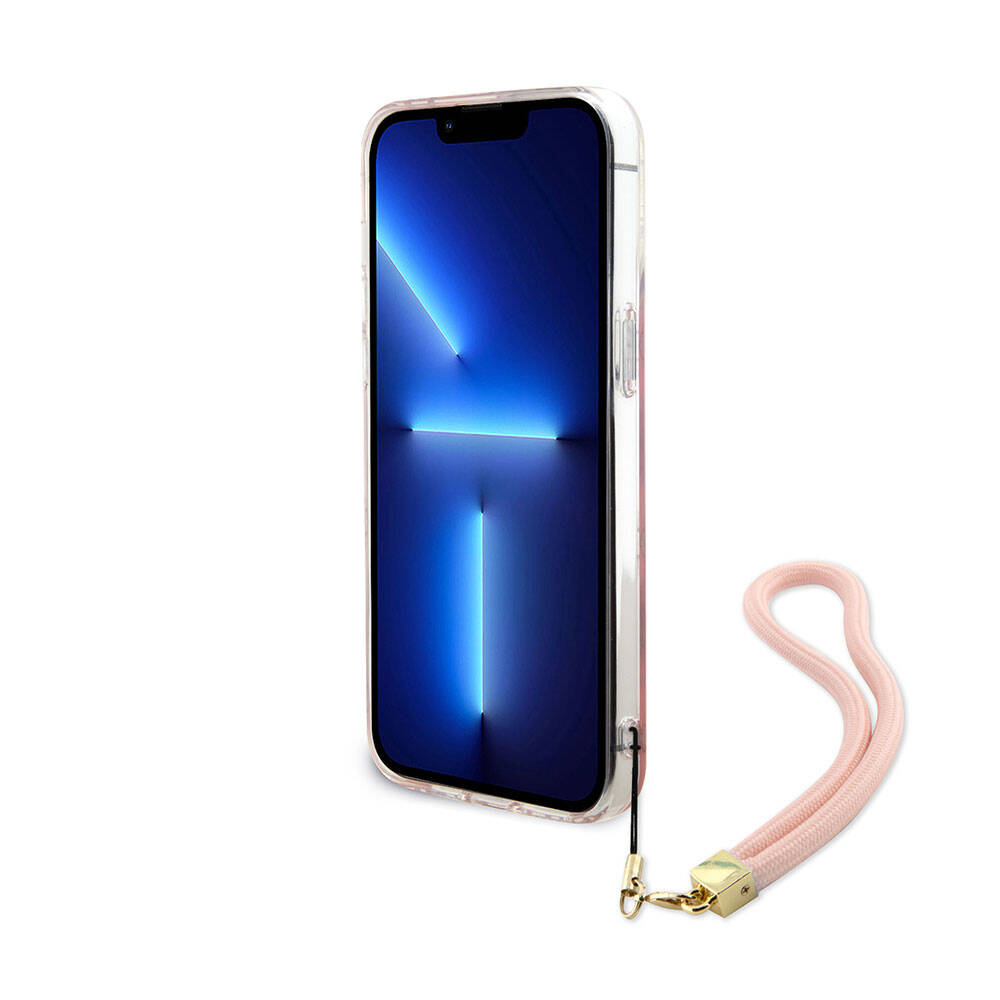 Apple iPhone 15 Pro Max Kılıf Guess Orjinal Lisanslı Desenli Yazı Logolu Askı İpli Holografik Glitter Peony Kapak Turkuaz