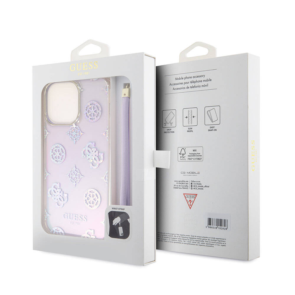 Apple iPhone 15 Pro Max Kılıf Guess Orjinal Lisanslı Desenli Yazı Logolu Askı İpli Holografik Glitter Peony Kapak Pembe