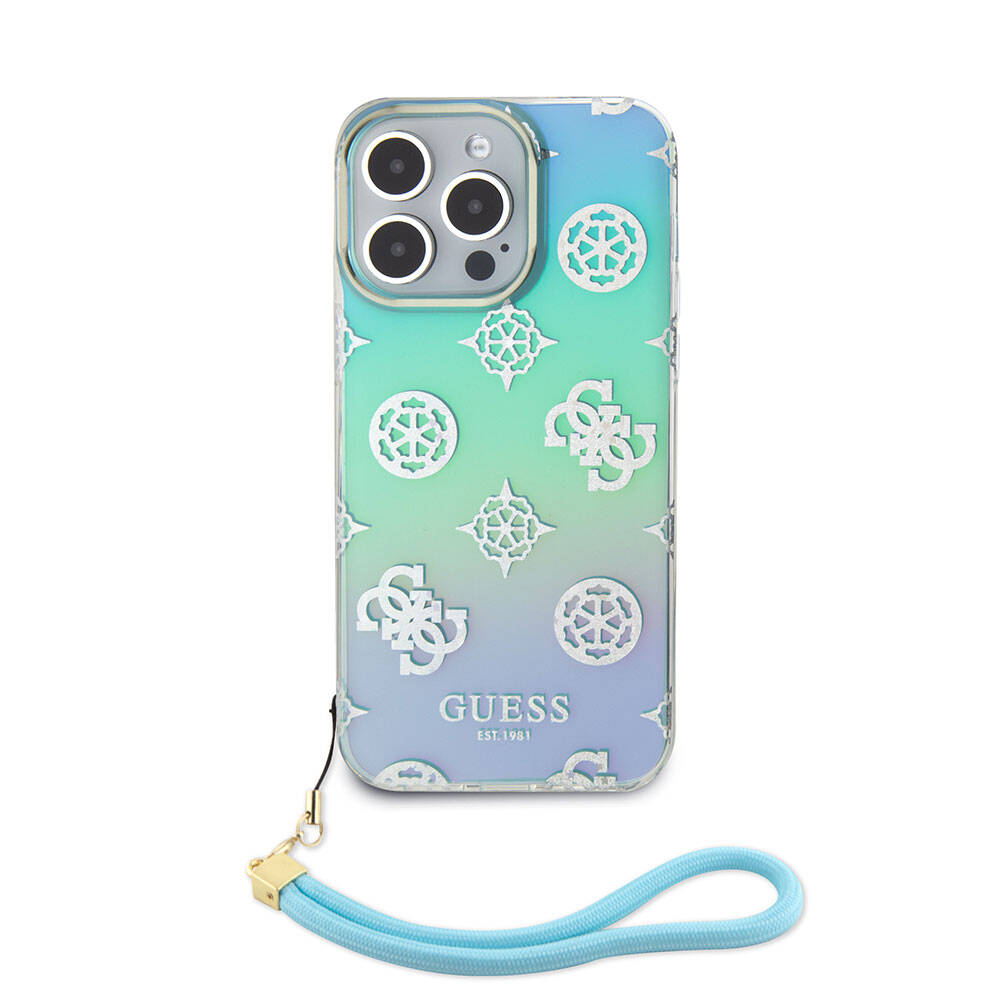 Apple iPhone 15 Pro Max Kılıf Guess Orjinal Lisanslı Desenli Yazı Logolu Askı İpli Holografik Glitter Peony Kapak Siyah