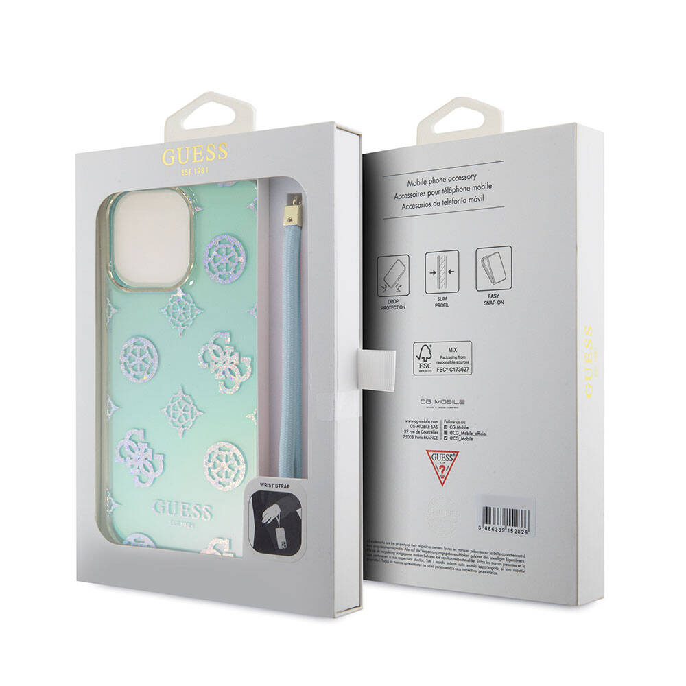 Apple iPhone 15 Pro Max Kılıf Guess Orjinal Lisanslı Desenli Yazı Logolu Askı İpli Holografik Glitter Peony Kapak Mor