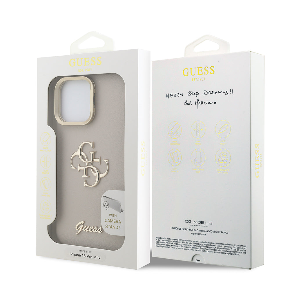 Apple iPhone 15 Pro Max Kılıf Guess Orjinal Lisanslı Grained Yazı Logolu Kamera Standlı Kapak Bej