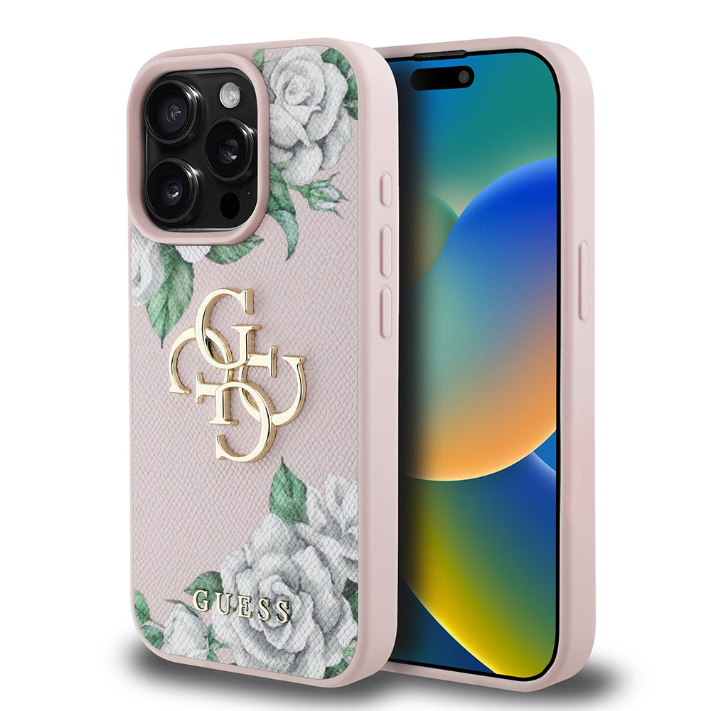 Apple iPhone 15 Pro Max Kılıf Guess Orjinal Lisanslı Gül Baskılı Büyük Metal Logo Dizaynlı Kapak Pembe