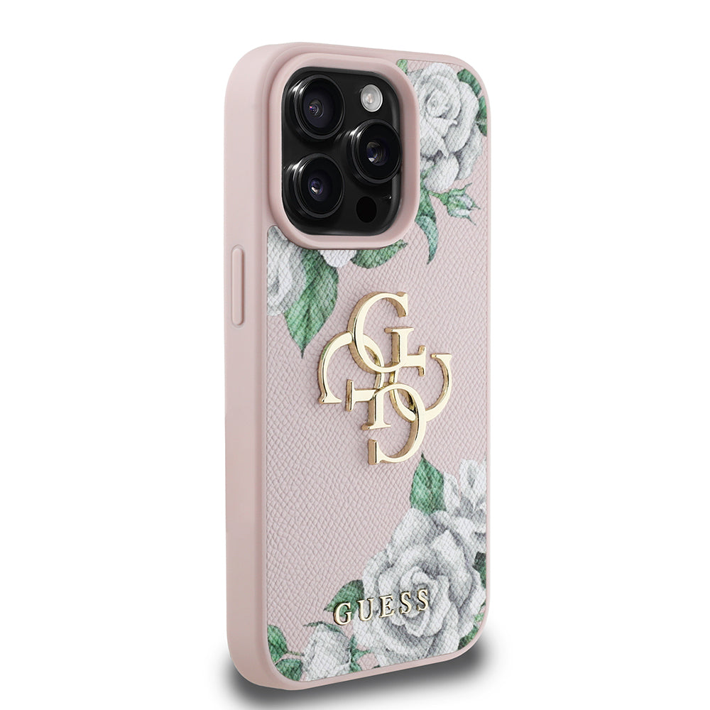 Apple iPhone 15 Pro Max Kılıf Guess Orjinal Lisanslı Gül Baskılı Büyük Metal Logo Dizaynlı Kapak Pembe