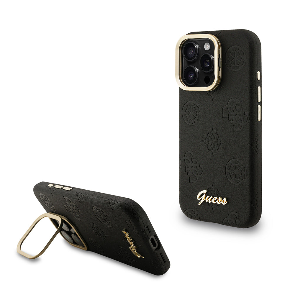 Apple iPhone 15 Pro Max Kılıf Guess Orjinal Lisanslı M-safe Şarj Özellikli Sıcak Baskılı Yazı Logolu Kamera Standlı PU Deri Peony Kapak Mor