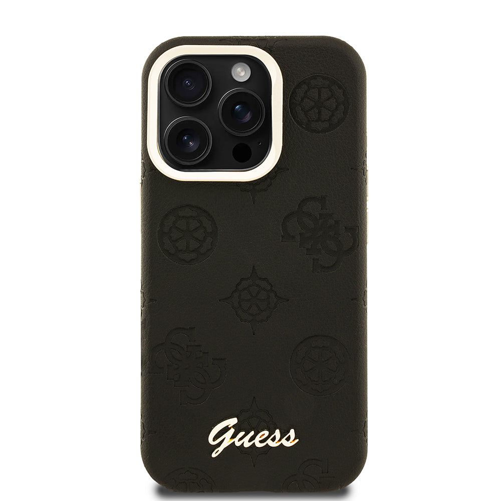 Apple iPhone 15 Pro Max Kılıf Guess Orjinal Lisanslı M-safe Şarj Özellikli Sıcak Baskılı Yazı Logolu Kamera Standlı PU Deri Peony Kapak Pembe