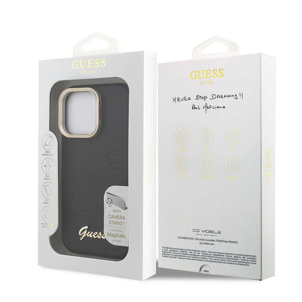 Apple iPhone 15 Pro Max Kılıf Guess Orjinal Lisanslı M-safe Şarj Özellikli Sıcak Baskılı Yazı Logolu Kamera Standlı PU Deri Peony Kapak Bej