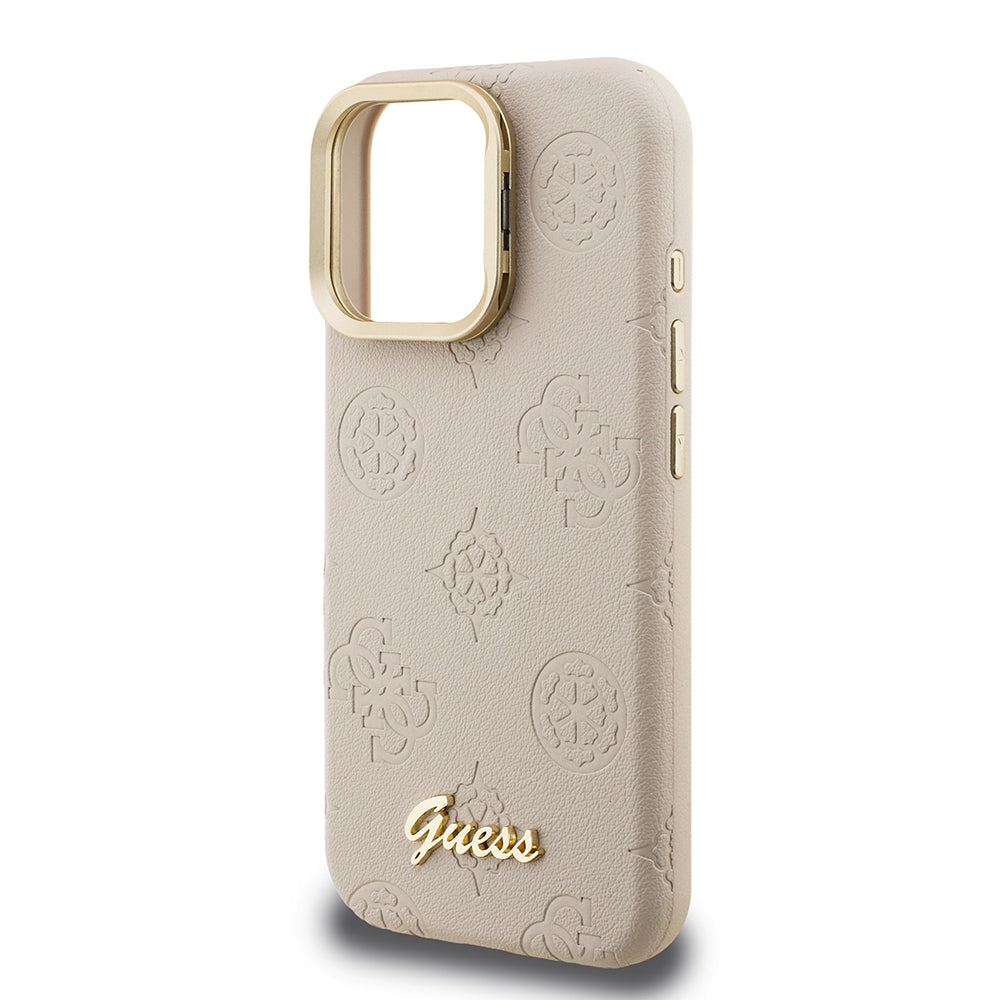 Apple iPhone 15 Pro Max Kılıf Guess Orjinal Lisanslı M-safe Şarj Özellikli Sıcak Baskılı Yazı Logolu Kamera Standlı PU Deri Peony Kapak Pembe