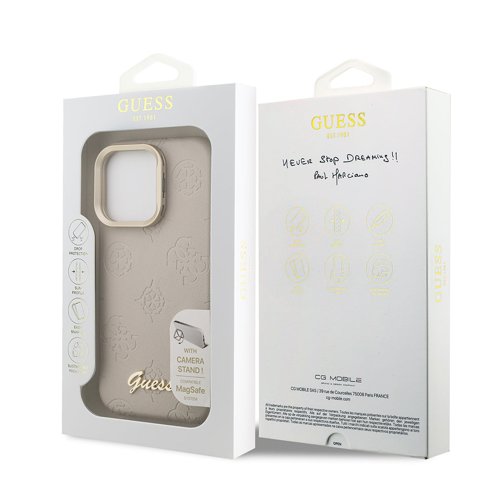 Apple iPhone 15 Pro Max Kılıf Guess Orjinal Lisanslı M-safe Şarj Özellikli Sıcak Baskılı Yazı Logolu Kamera Standlı PU Deri Peony Kapak Mor